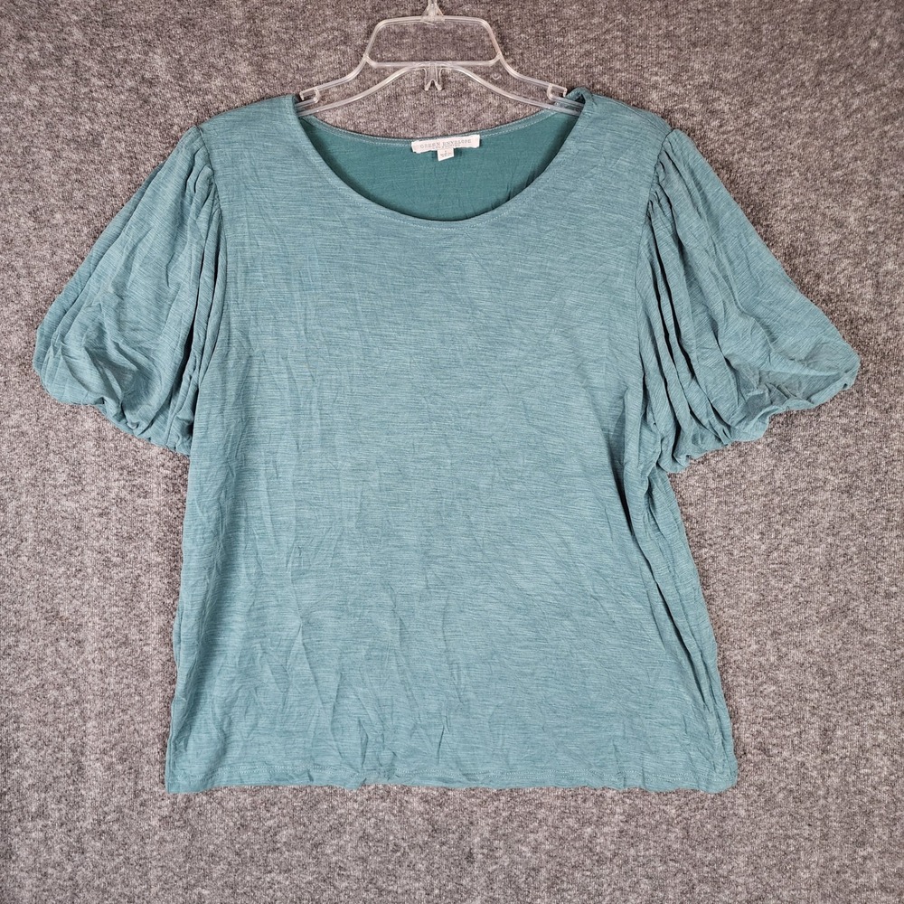 Green Envelope Top Womens L Puff Sleeve Teal Green Slub Knit EUC